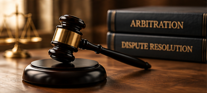 Gavel and books about arbitration and dispute resolution