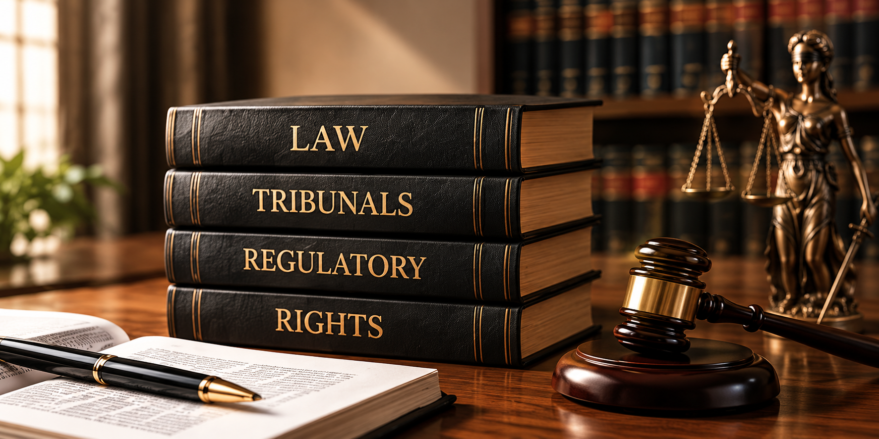 Law books representing tribunals and other legal forums