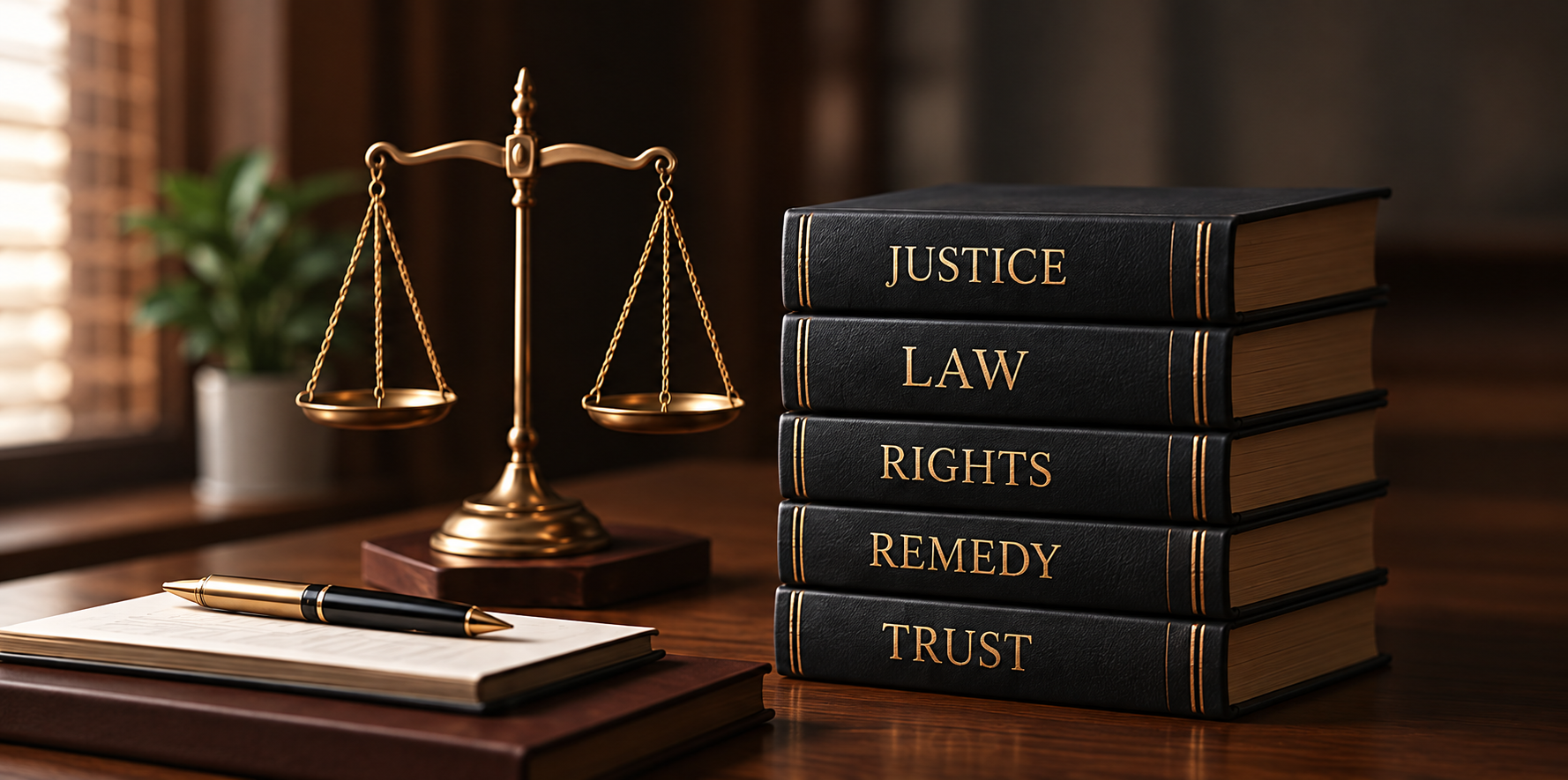 Legal books, scales of justice and legal documents